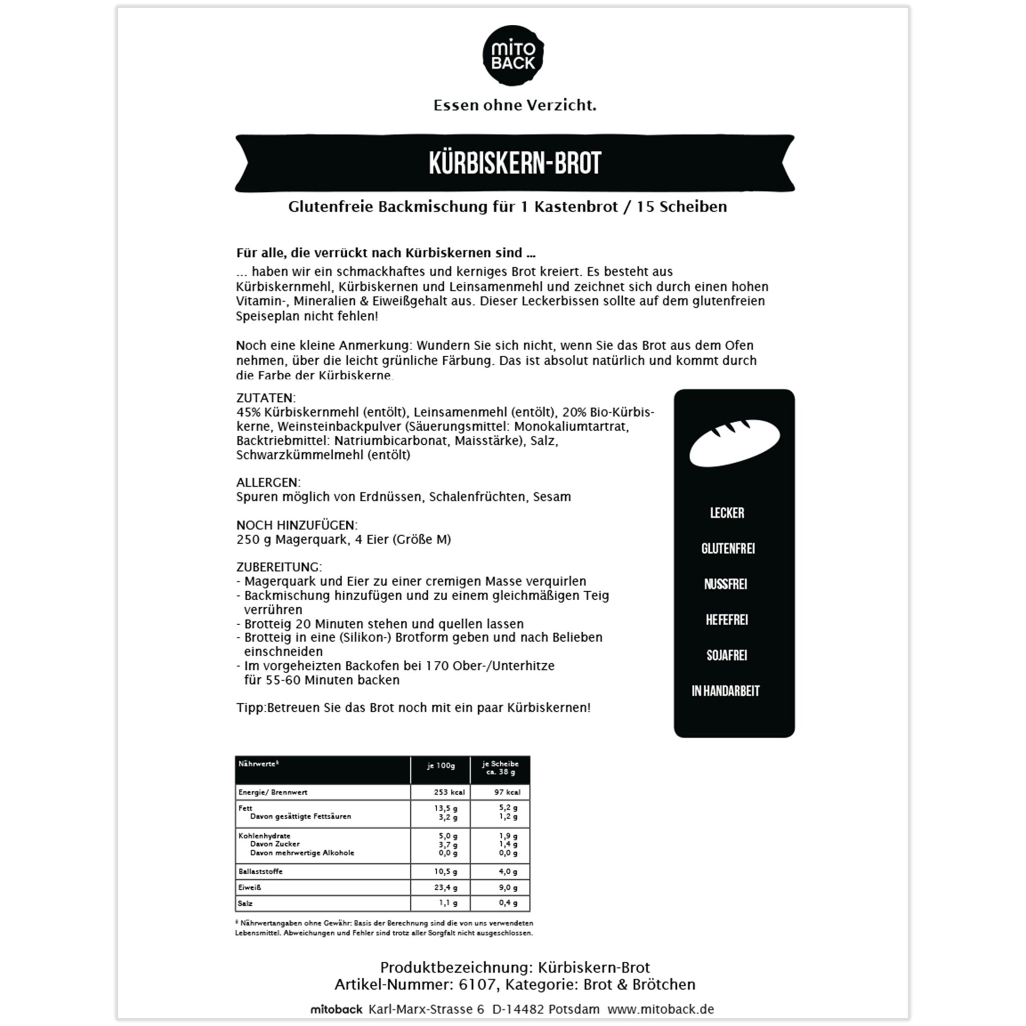 Kürbiskern-Brot - Glutenfreie Backmischung - MITOBACK